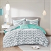 Full/Queen Reversible Comforter Set with Grey White Aqua Teal Chevron Pattern