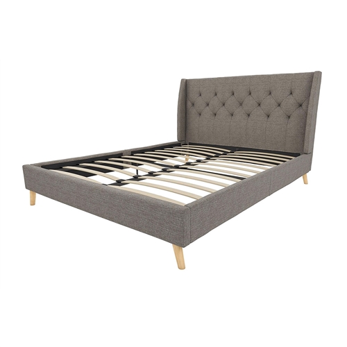Full size Grey Linen Upholstered Platform Bed with Wingback Headboard