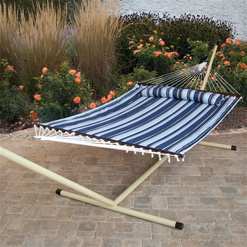 Blue Navy Stripe Quilted 13-Ft Hammock with Heavy Duty Bronze Metal Stand
