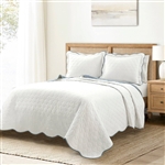 Full/Queen White Blue Scalloped Edge Reversible Thin/Light Quilt Set