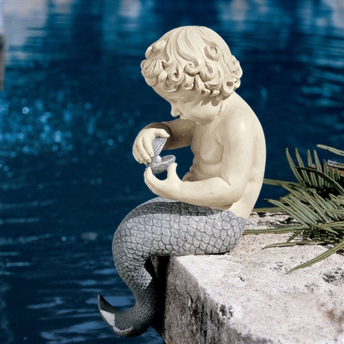 Young Little Sitting Mermaid Garden Statue with Oyster and Pearl