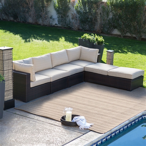 Outdoor Wicker Resin 6-Piece Sectional Sofa Patio Furniture Conversation Set with Tan Stripe Cushions