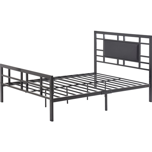 Queen size Black Metal Platform Bed Frame with Upholstered Headboard