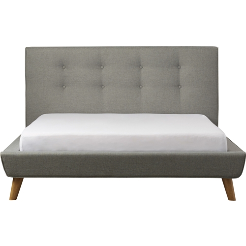 Queen Mid-Century Grey Upholstered Platform Bed with Button-Tufted Headboard