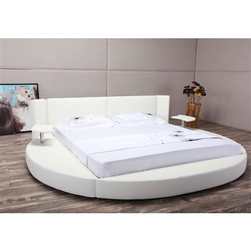 Queen size Modern Round Platform Bed with Headboard in White Leather