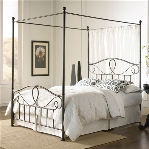 Queen size Complete Metal Canopy Bed with Scroll-work and Ball Finials