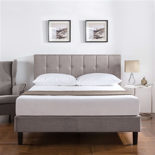 Queen Medium Grey Upholstered Platform Bed Frame with Button Tufted Headboard