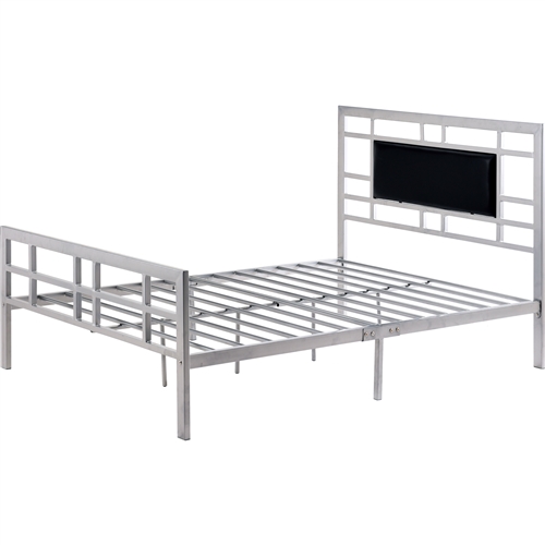 Queen Modern Classic Silver Metal Platform Bed Frame with Upholstered Headboard