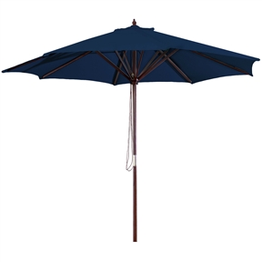 9-Foot Wood Frame Patio Umbrella with Pulley and Navy Blue Canopy