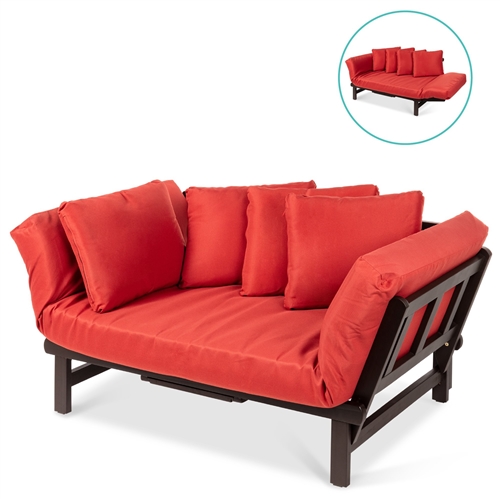 Rustic Red Outdoor Acacia Wood Convertible Sofa with 4 Removable Pillows