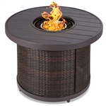 50,000 BTU Brown Wicker Round LP Gas Propane Fire Pit w/ Faux Wood Tabletop and Cover