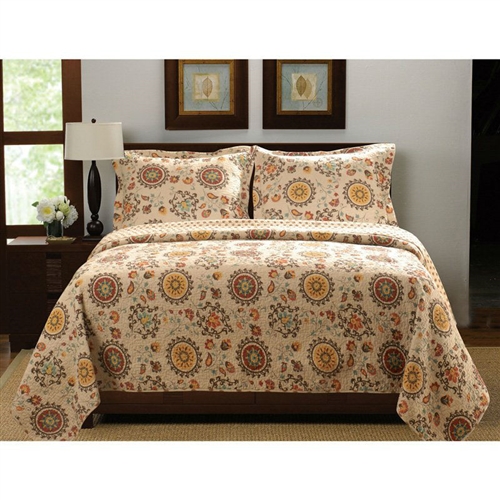 King Retro Moon Shaped Floral Medallion Reversible 3 Piece Quilt Set