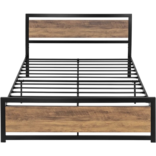 Full Metal Platform Bed Frame with Brown Wood Panel Headboard and Footboard