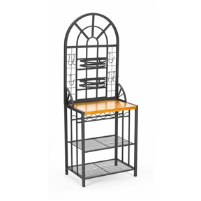 Black Steel Bakers Rack with Utility Hooks and Storage Shelving