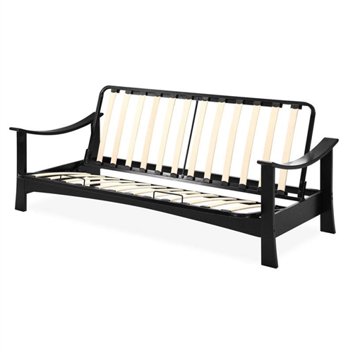 Full size Modern Asian Style Futon with Wood Arms and Steel Slatted Frame