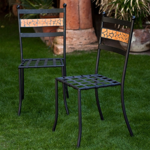 Set of 2 - Outdoor Patio Metal Bistro Dining Chairs in Black Iron with Terracotta Backrest