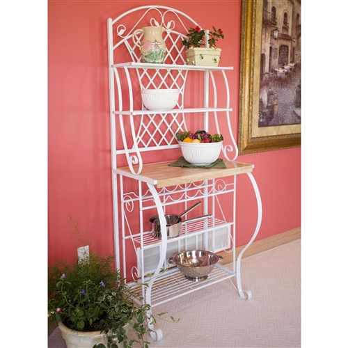 White Metal Bakers Rack with 5-Bottle Wine Rack and Wooden Work Shelf