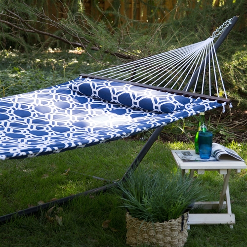 Blue White Quilted Hammock with 13-ft Heavy Duty Black Metal Stand