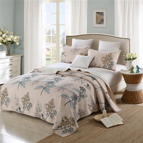 Full size 3-Piece 100-Percent Cotton Quilt Bedspread Set with Floral Birds Pattern