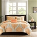 Twin size 4-Piece Orange White Damask Print Comforter Set