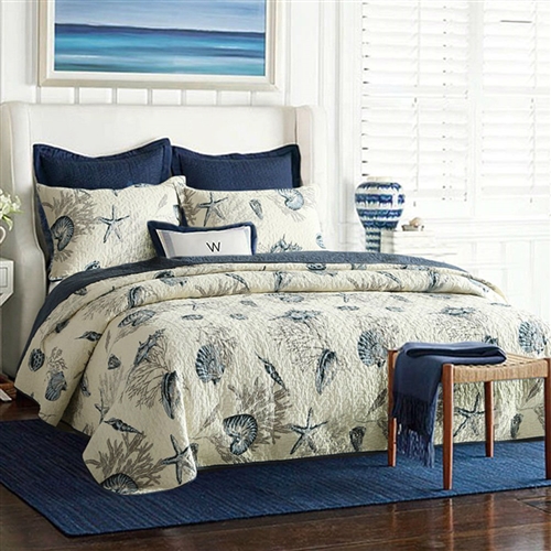 Twin size 100-Percent Cotton 2-Piece Quilt Bedspread Set with Ocean Nautical Beach Sea Shells Pattern