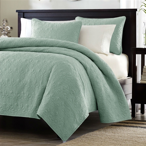 Twin / Twin XL size Coverlet Quilt Set with Sham in Seafoam Blue Green Brushed Fabric