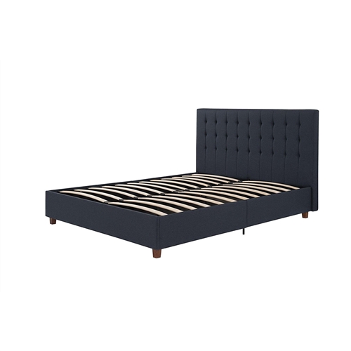 Twin Blue Linen Upholstered Platform Bed with Headboard