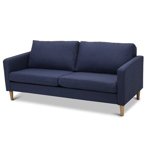 Modern Mid-Century Style Sofa with Wood Legs and Blue Fabric Upholstery