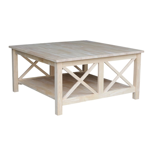 Square Unfinished Solid Wood Coffee Table with Bottom Shelf