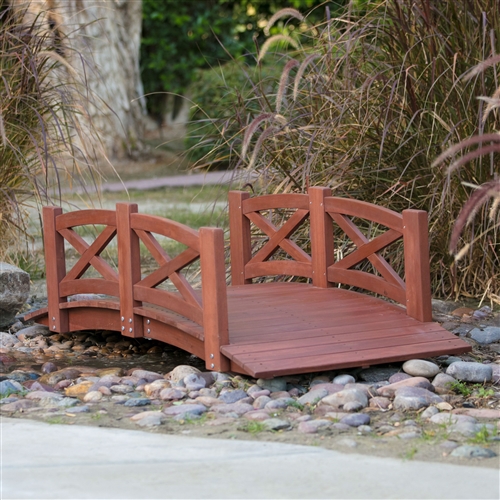 Outdoor 6-Ft Garden Bridge with X-Design Rails in Red Stained Acacia Wood