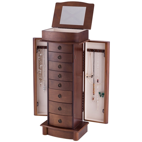 Brown Wood 8-Drawer Jewelry Armoire Chest Storage Cabinet with Mirror