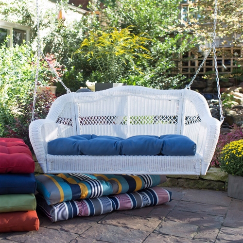 White Resin Wicker Porch Swing with Hanging Hooks Comfort Spring and Harbor Blue Cushion