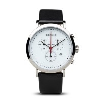 Bering men's classic polished silver with black leather & white dial watch