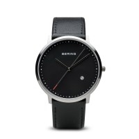 men's bering classic black leather watch with black dial