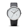 Bering men's classic black leather white dial watch