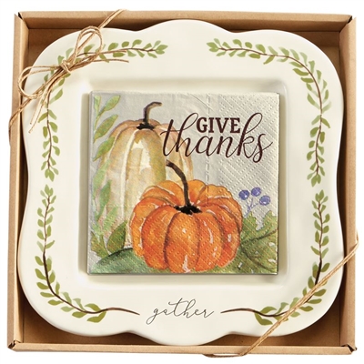 mud pie gather 2 piece pumpkin cheese set ceramic plate & napkins