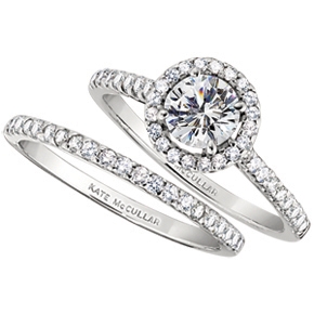 Single diamond halo engagement ring & wedding band