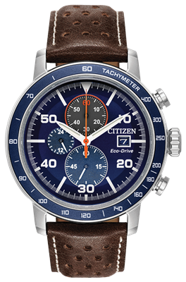 men's citizen eco-drive Brycen chronograph blue dial leather strap watch CA0648-09L