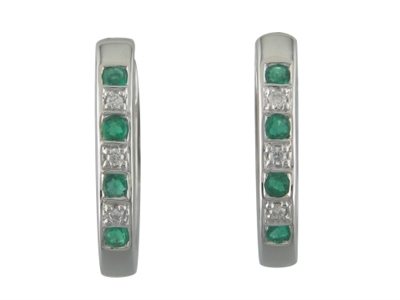 14k white gold diamond & emerald hoop earrings