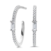 14k white gold c shaped round diamond & baguette hoop earrings