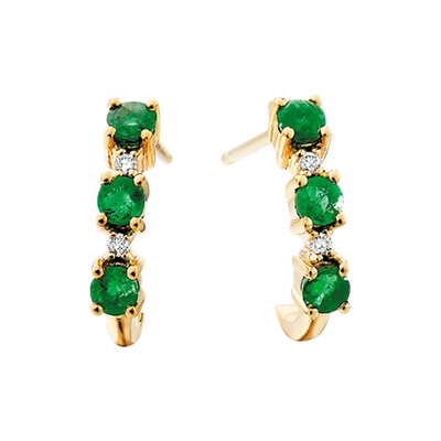 10k yellow gold genuine emerald & diamond hoop earrings