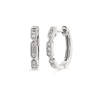 14k white gold vintage style diamond hoops with miligrain edge