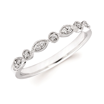 14k white gold teardrop & round diamond stackable band with millgrain edging