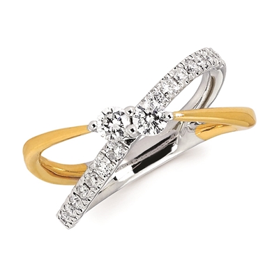 Two tone 2 stone diamond criss cross ring