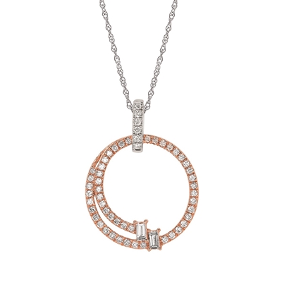14k rose & white gold baguette & round diamond circle pendant