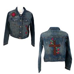 Denim leather rose cross patch jacket