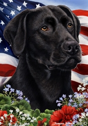 Black Lab In A Field Of Flowers With An American Flag Behind The Dog House Flag Art Work Is By Tamara Burnett