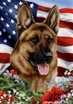 German Shepherd In A Field Of Flowers With An American Flag Behind The Dog Garden Flag Art Work Is By Tamara Burnett