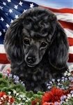 Black Poodle In A Field Of Flowers With An American Flag Behind The Dog Garden Flag Art Work Is By Tamara Burnett