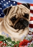 Fawn Pug In A Field Of Flowers With An American Flag Behind The Dog Garden Flag Art Work Is By Tamara Burnett